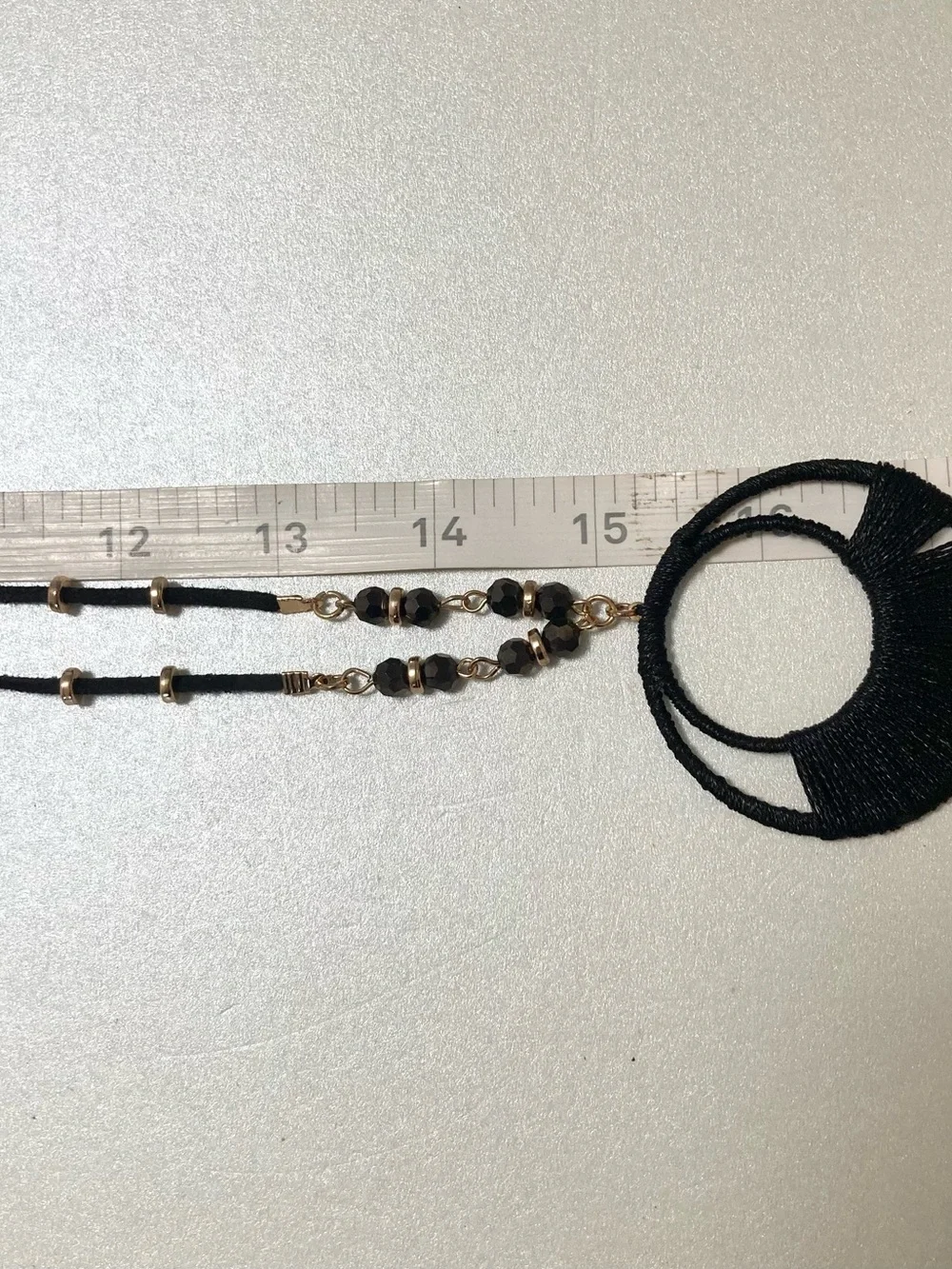 Versano Black Thread Fringe Circle Pendant preloved cord bead Necklace Jewelry